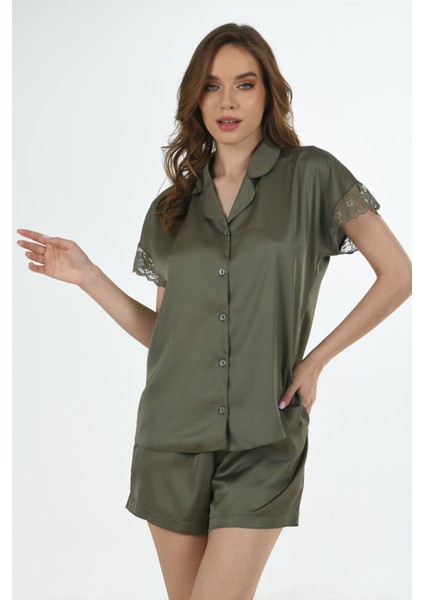 Kadın Saten Komple Düğmeli Kısa Kol Şortlu Pijama Takım , 161199