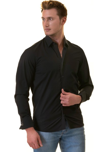 Siyah Düz Renk Sade Klasik Fransız Duble Manşet Kol Düğmeli Gömlek fiyatları