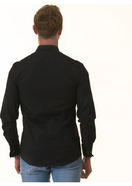 Siyah Düz Renk Sade Klasik Fransız Duble Manşet Kol Düğmeli Gömlek modelleri