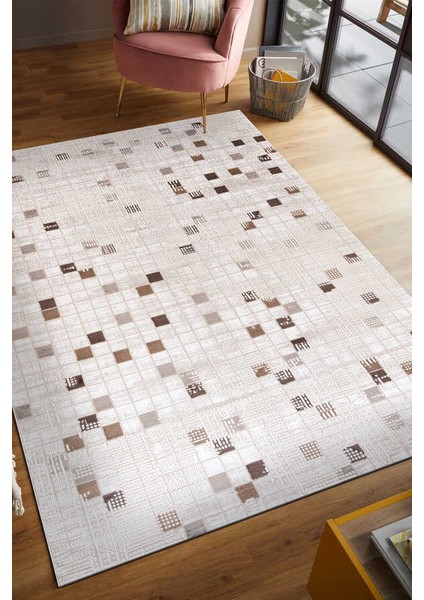 Bafra Kahverengi Beyaz Halı Yumuşak Oturma Odası Salon Çocuk Odası Mutfak Halısı P1190 120 x 180