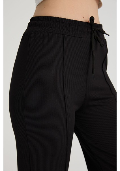 Kadın Siyah Nervürlü Beli Lastikli Fitilli Tayt Eşofman Altı Bootcut modelleri