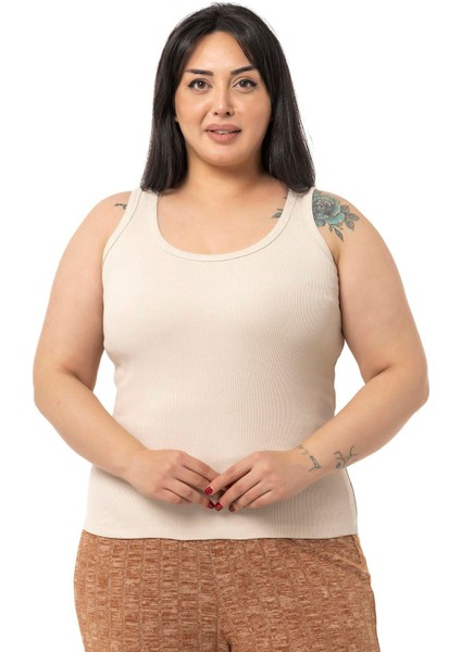 Büyük Beden Askılı Fitilli Kaşkorse Bej Rengi Body