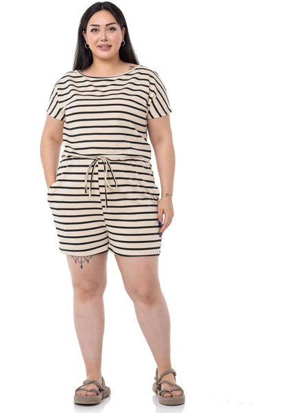 Büyük Beden Düşük Kollu Beli Lastikli Cepli Siyah Çizgili Şort Tulum