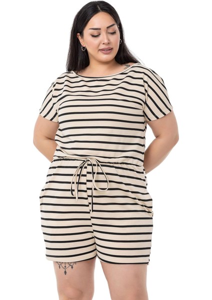 Büyük Beden Düşük Kollu Beli Lastikli Cepli Siyah Çizgili Şort Tulum fiyatları