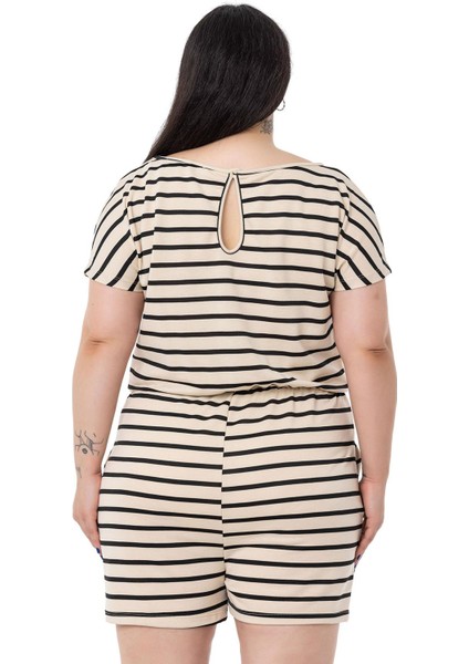 Büyük Beden Düşük Kollu Beli Lastikli Cepli Siyah Çizgili Şort Tulum modelleri