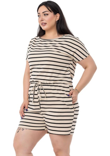 Büyük Beden Düşük Kollu Beli Lastikli Cepli Siyah Çizgili Şort Tulum fırsatları