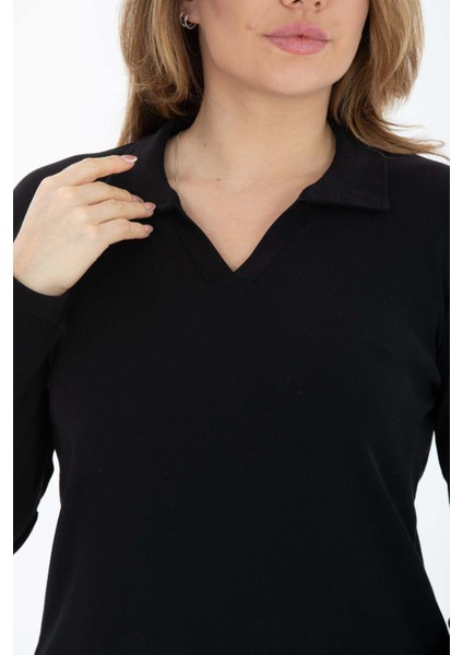 Curve Büyük Beden Pamuklu Likralı V Yaka Basic Düz Siyah Bluz fiyatları