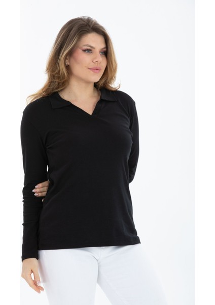 Curve Büyük Beden Pamuklu Likralı V Yaka Basic Düz Siyah Bluz modelleri