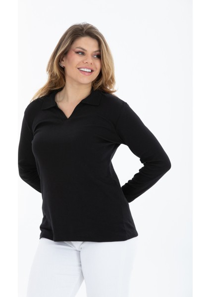 Curve Büyük Beden Pamuklu Likralı V Yaka Basic Düz Siyah Bluz fırsatları