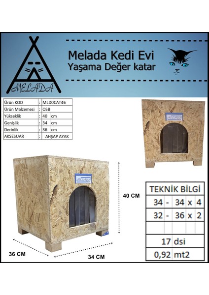 Kedi Kulubesi Dış Ortam Uygun Ahşap Kedi Evi Osb 40X37X34 cm