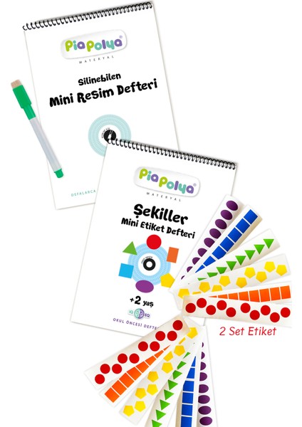 Pia Polya Mini Defter Seti | Silinebilen Resim Defteri ve Siyah Kalem | Şekiller Etiket Defteri ve Etiketleri