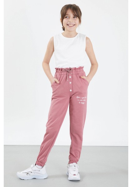 Gül Kurusu Have A Good Time Yazılı Düğme Detaylı Kız Eşofman Altı 17673