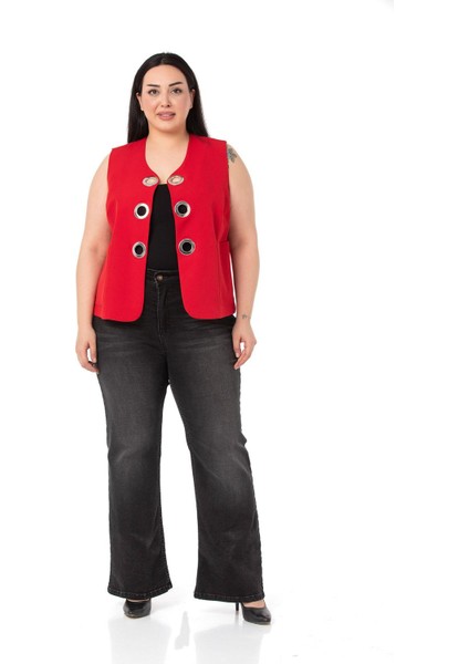 Büyük Beden Büyük Kuşgözü Detaylı Kırmızı Yelek