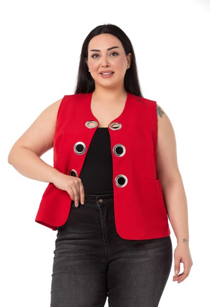 Büyük Beden Büyük Kuşgözü Detaylı Kırmızı Yelek fiyatları