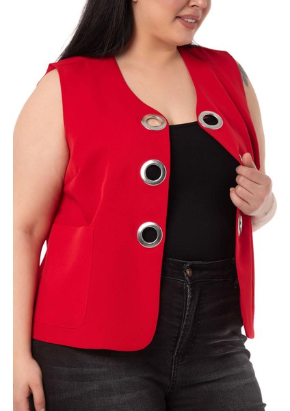 Büyük Beden Büyük Kuşgözü Detaylı Kırmızı Yelek fırsatları
