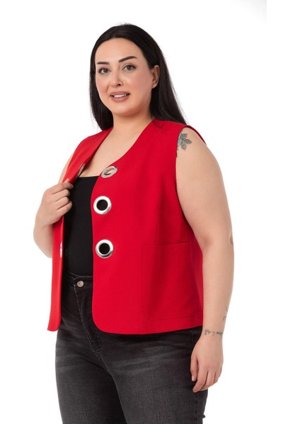 Büyük Beden Büyük Kuşgözü Detaylı Kırmızı Yelek indirimleri