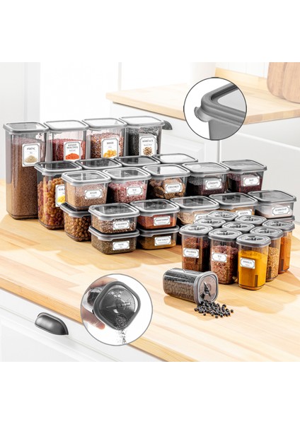 38 Parça Kare Plastik Kapaklı Baharatlık Mutfak Erzak ve Bakliyat Saklama Kabı Etiketli Antrasit