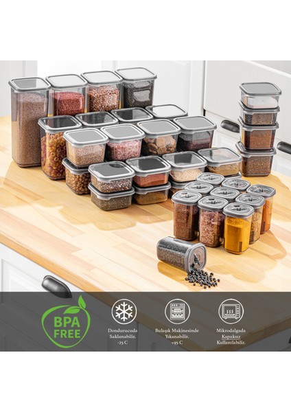38 Parça Kare Plastik Kapaklı Baharatlık Mutfak Erzak ve Bakliyat Saklama Kabı Etiketli Antrasit fiyatları