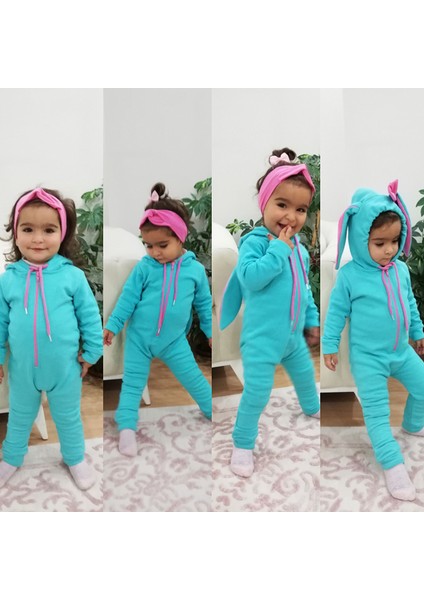 Tavşan Kulaklı Kapişonlu Kız Bebek Tulum - Turkuaz 6-9 Ay
