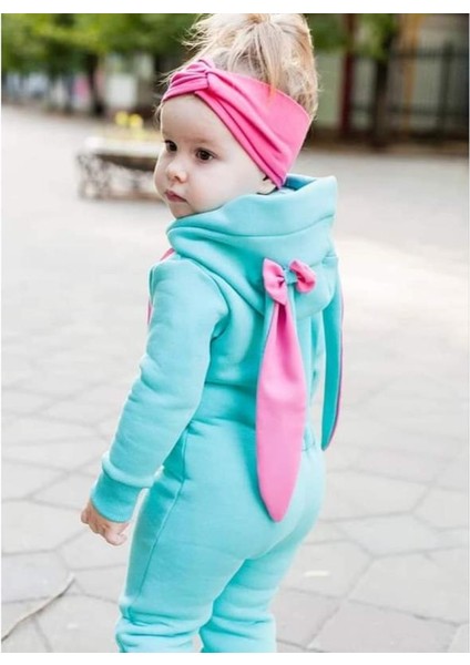 Tavşan Kulaklı Kapişonlu Kız Bebek Tulum - Turkuaz 6-9 Ay fiyatları