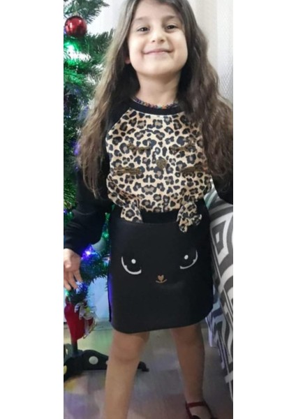 Kedi Nakışlı Deri Etek & Leopar Desenli Badi Kız Çocuk Kombin 2-3 Yaş
