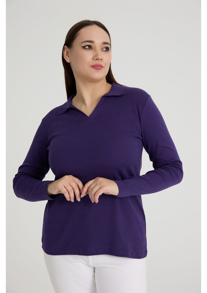Curve Büyük Beden Pamuklu Likralı V Yaka Basic Düz Koyu Mor Bluz