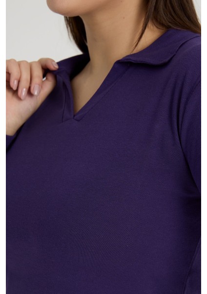Curve Büyük Beden Pamuklu Likralı V Yaka Basic Düz Koyu Mor Bluz fiyatları