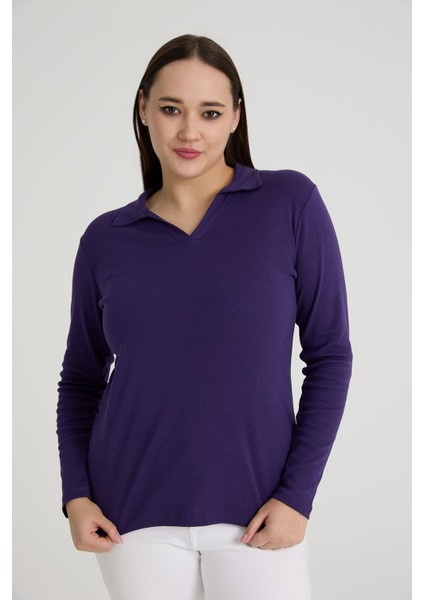 Curve Büyük Beden Pamuklu Likralı V Yaka Basic Düz Koyu Mor Bluz modelleri