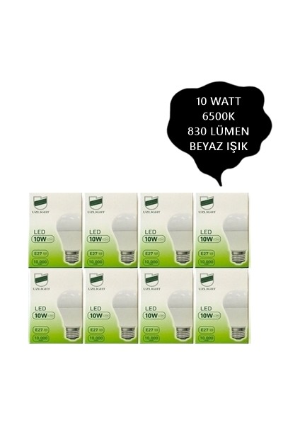 10W LED Ampul 8'li Paket E27 Duy Beyaz LED Ampul 6500K