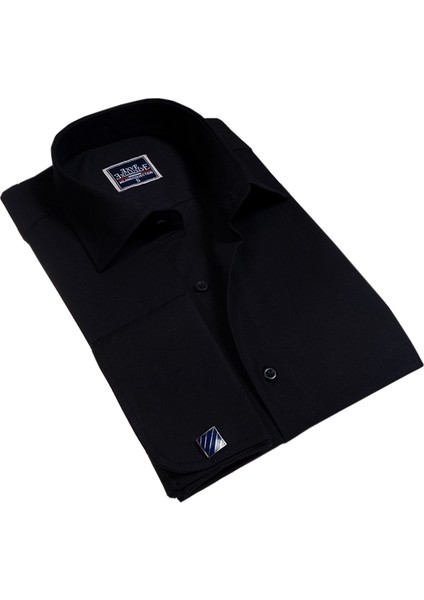 Siyah Düz Renk Sade Klasik Fransız Duble Manşet Kol Düğmeli Gömlek