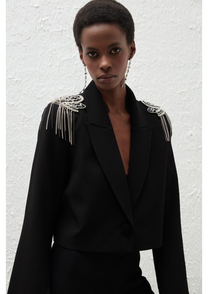 Omuz Aksesuarlı Kısa Kadın Ceket Siyah indirimleri