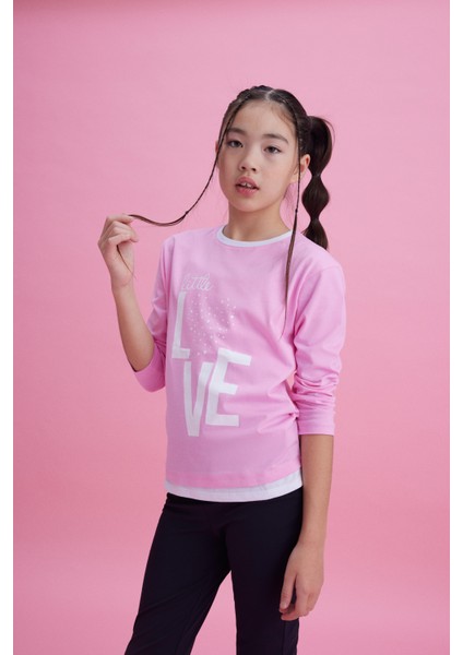 Kız Çocuk Love Baskılı Ekru Garni Detaylı Uzun Kol Pembe T-Shirt fiyatları