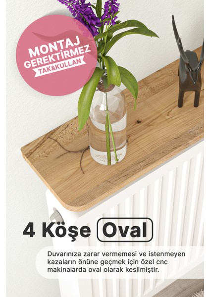 Riv Montajsız Petek Üstü Uçan Raf Dresuar Kalorifer Peteği Rafı Kitaplık 80X18 cm Çam Oval Kesim