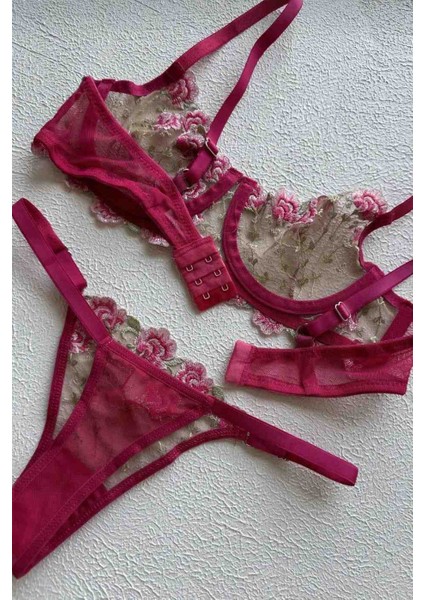 Dantelli Pembe Çiçek Işlemeli Desenli Sütyen Takımı Bralet Set