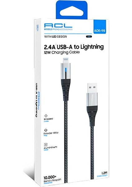 2.4A Apple Hızlı USB Lightning Sarj Kablosu 12W - 1.2m Ledli