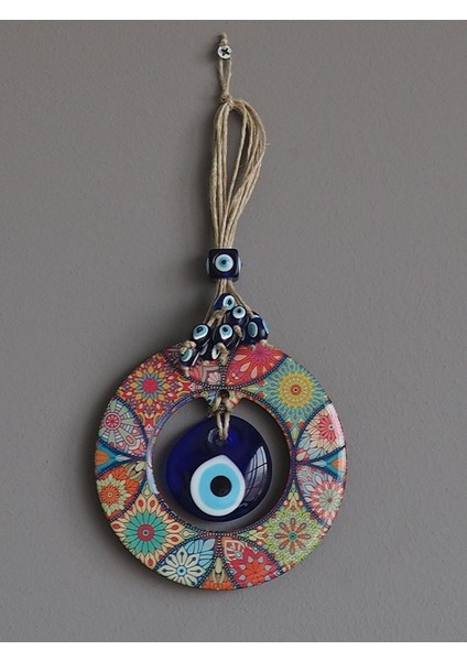 Ahşap Mandala Desenli Ortası Cam Nazar Boncuklu Kapı, Duvar ve Bahçe Süsü Nazarlık 12 cm