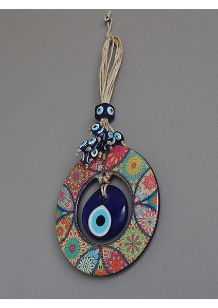Ahşap Mandala Desenli Ortası Cam Nazar Boncuklu Kapı, Duvar ve Bahçe Süsü Nazarlık 12 cm fiyatları