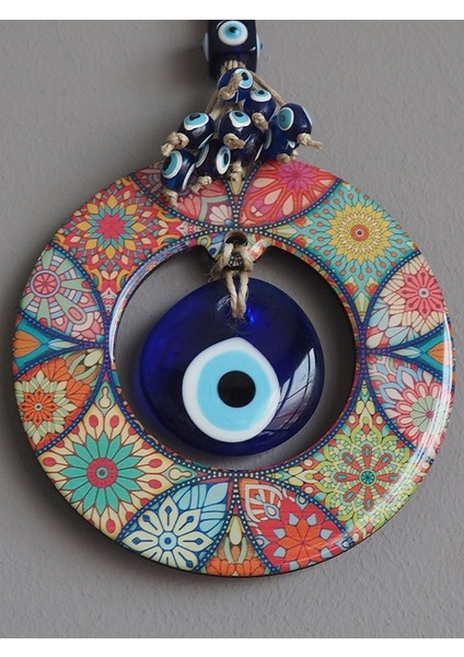 Ahşap Mandala Desenli Ortası Cam Nazar Boncuklu Kapı, Duvar ve Bahçe Süsü Nazarlık 12 cm modelleri