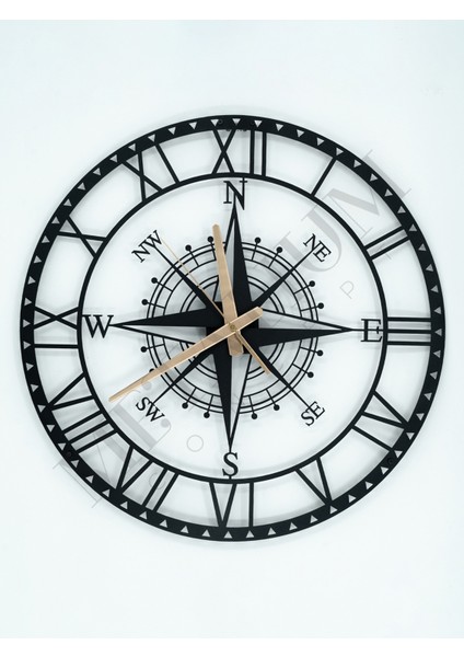 Tekno Trust Dekoratif Roma Rakamlı Sessiz Siyah Metal Duvar Saati Pusula Temalı 60X60CM fiyatları