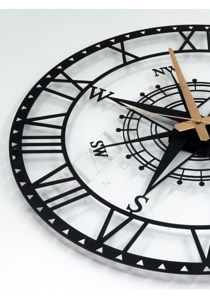 Tekno Trust Dekoratif Roma Rakamlı Sessiz Siyah Metal Duvar Saati Pusula Temalı 60X60CM fırsatları