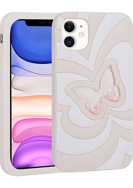 Apple iPhone 11 - Uyumlu Sıvılı Simli Kelebekli Tasarım Bls Store Vodena Kapak-Beyaz