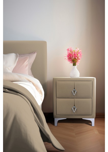Harmony Silver İki Çekmeceli Bej Komodin Yatak Odası 2 Kapaklı Komodin