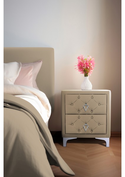 Ruby 2 Çekmeceli Komodin Silver Model Kapitoneli İki Kapaklı Komodin Bej