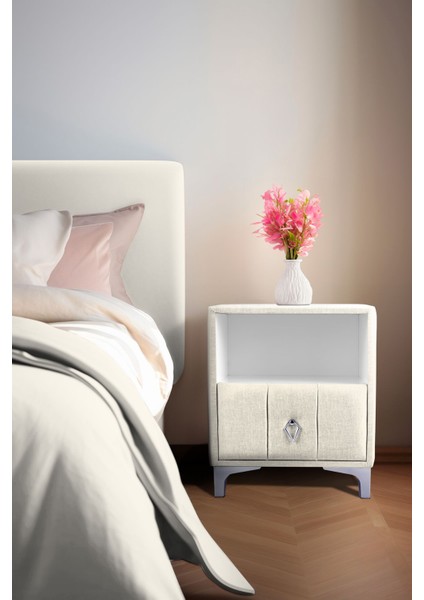 Singular Silver iki Çekmeceli Kırık Beyaz Komodin Raflı Kumaş Kapaklı Yatak Odası Komodin