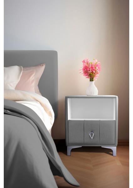 Singular Silver iki Çekmeceli Açık Gri Komodin Raflı Kumaş Kapaklı Yatak Odası Komodin