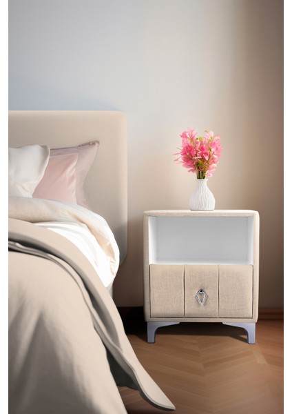 Singular Silver iki Çekmeceli Krem Komodin Raflı Kumaş Kapaklı Yatak Odası Komodin