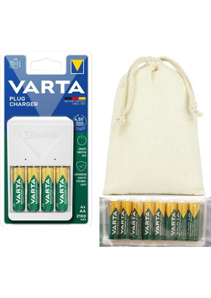 Plug Şarj Cihazı 12 Adet (4+8 Promo Paket)X 2100 Mah Aa Şarj Edilebilir Kalem Pil ve Saklama Kılıfı