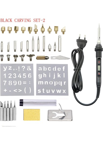 Siyah Set-2 Tarzı 220V Ab Fişi 80W Ayarlanabilir Sıcaklık Gravür Havya Aracı Ahşap Yakma Kabartma Havya Kalem Kaynak Aracı Kiti (Yurt Dışından)