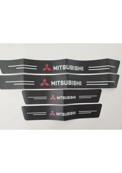 Mitsubishi Logolu Karbon Kapı Eşiği Koruyucu Suni Deri 4'lü Set
