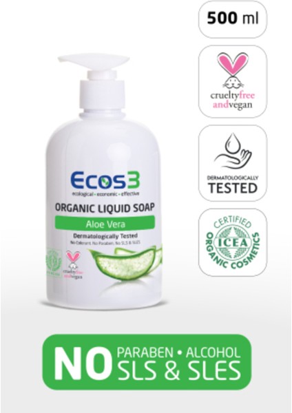 Sıvı Sabun, Organik & Vegan Sertifikalı, Ekolojik, Hipoalerjenik, Aloe Vera, 500ML